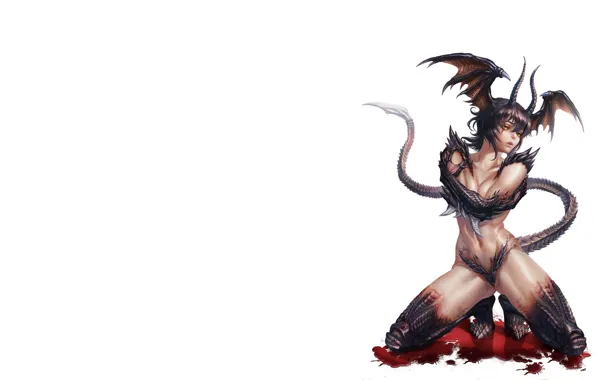 Demon, girl, blood, fantasy, horns, minimalism, anime, wings
