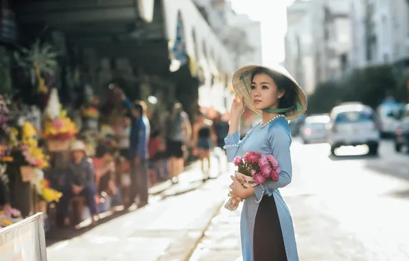 Девушка, цветы, улица, азиатка
