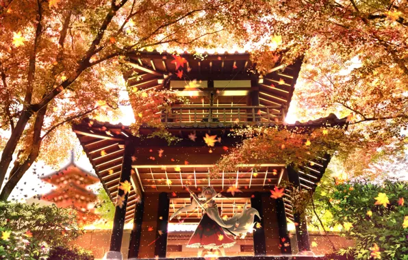 Осень, девушка, храм, ушки, Inubashiri Momiji, Tohou Project