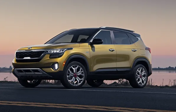 Дорога, car, машина, закат, фары, сбоку, KIA, колёса