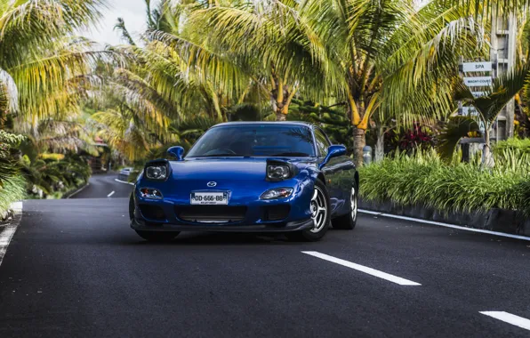 Картинка road, mazda, blue, palms, rx-7