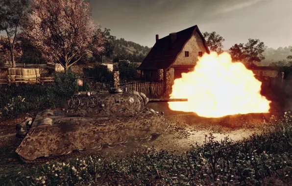 HDR, House, Fire, Shooting, Tank, World of Tanks, Trees, WOT