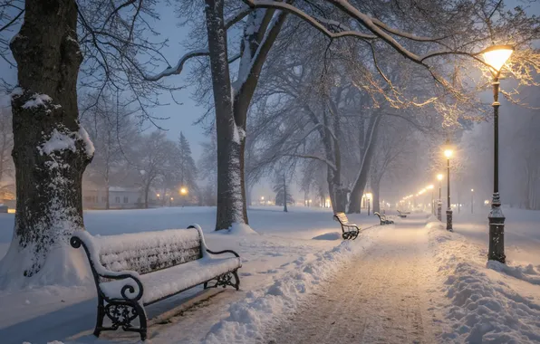 Зима, снег, скамейка, парк, park, winter, snow, bench