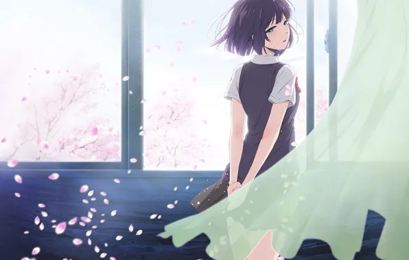 Девушка, лепестки, сакура, класс, слёзы, anime, art, плачет
