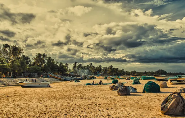 Пляж, сети, лодки, рыбаки, Шри-Ланка