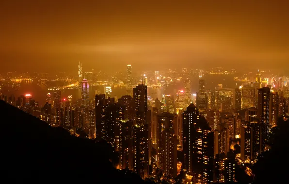 China, Гонконг, Ночь, Панорама, Здания, Китай, City, Night