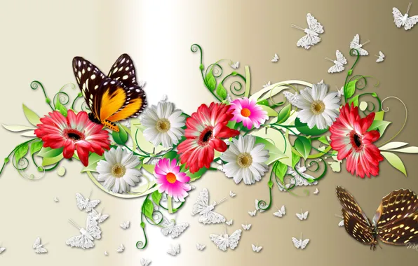 Картинка цветы, коллаж, бабочка, букет, лепестки, мотылек