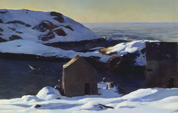 Картинка пейзаж, природа, скалы, картина, Rockwell Kent, Рокуэлл Кент, Зима. Остров Монеган