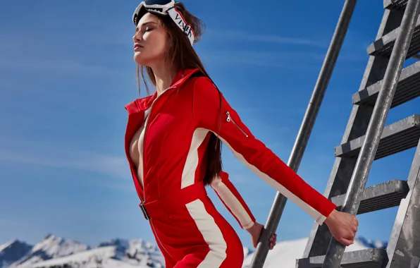 Relax, red, ice, sky, woman, young, mountains, snow