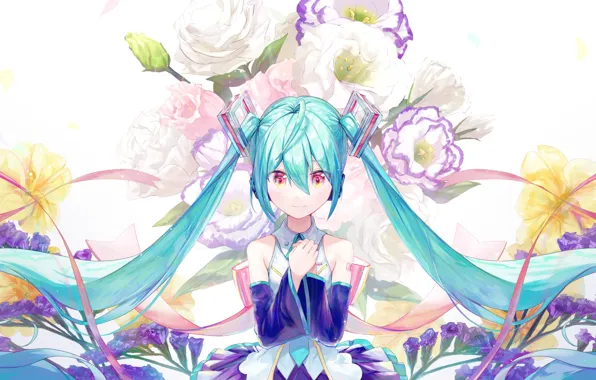 Девушка, цветы, Hatsune Miku, Vocaloid