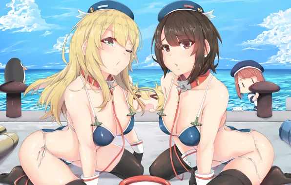 Girl, sexy, cleavage, thighhighs, long hair, sea, boobs, anime