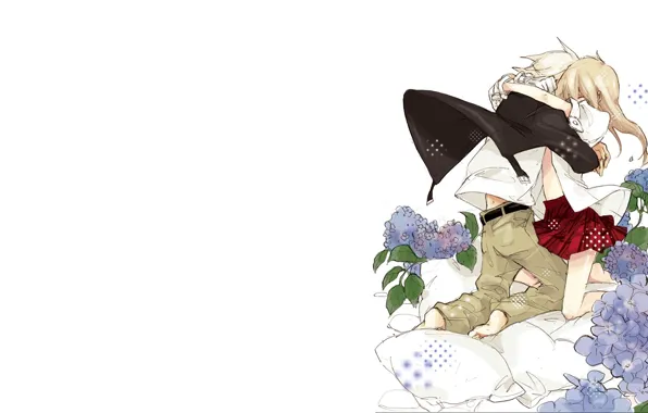Девушка, цветы, романтика, подушки, аниме, парень, Пожиратель душ, Soul Eater