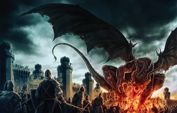 Картинка пламя, дракон, доспехи, битва, крепость, Арт, воины, by Koveck