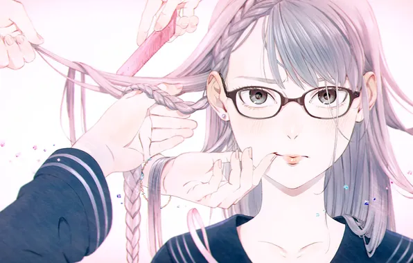 Девушка, лицо, волосы, руки, арт, очки, косичка, kaisen