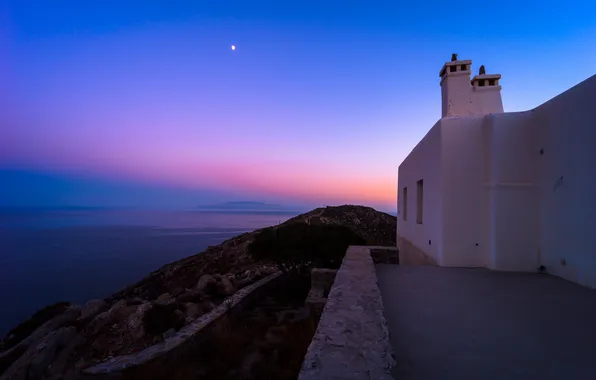 Картинка море, небо, звезды, дом, Санторини, Греция
