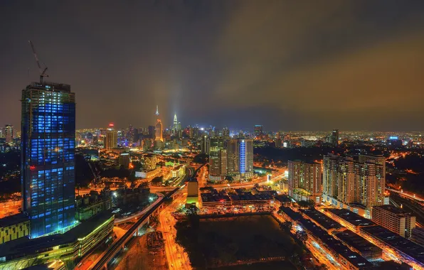 Ночь, огни, дома, панорама, Малайзия, Куала-Лумпур