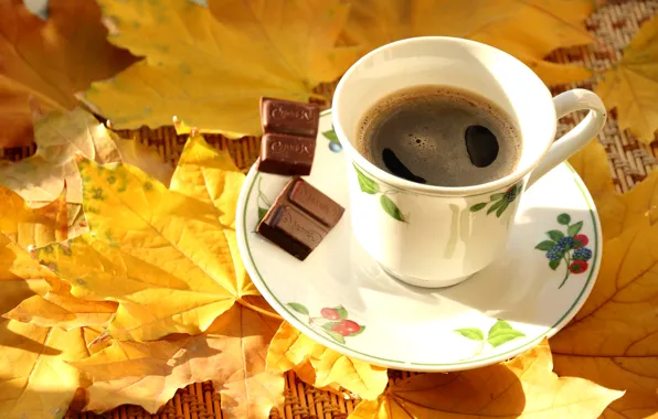 Картинка осень, листья, кофе, шоколад, чашка, клен