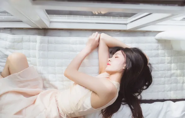 Beautiful, Asian, Model, Glass, Bed, Woman, Cute, Lying Down