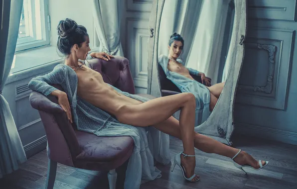 Эротика, грудь, взгляд, девушка, свет, поза, отражение, комната