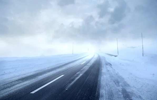 Картинка Природа, Зима, Дорога, Туман, Снег