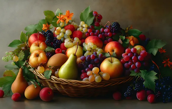 Яблоки, виноград, фрукты, натюрморт, корзинка, груши, много, разные