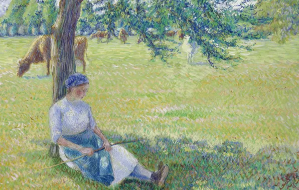 Пейзаж, природа, дерево, картина, коровы, луг, Камиль Писсарро, Пастушка. Эраньи