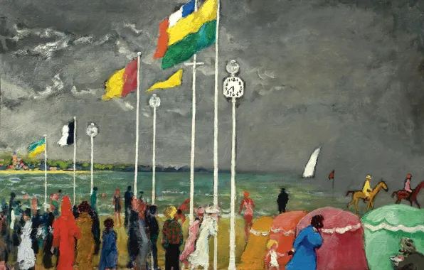 Небо, тучи, люди, берег, картина, флаг, жанровая, Kees van Dongen