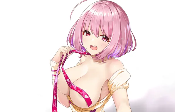 Girl, sexy, blouse, pink hair, boobs, anime, beautiful, short hair