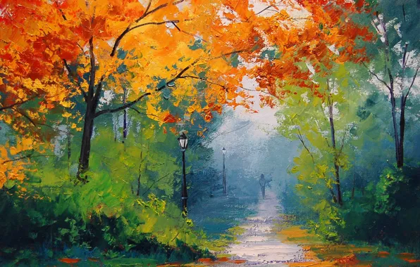 Картинка осень, деревья, парк, человек, желтые, арт, фонари, дорожка