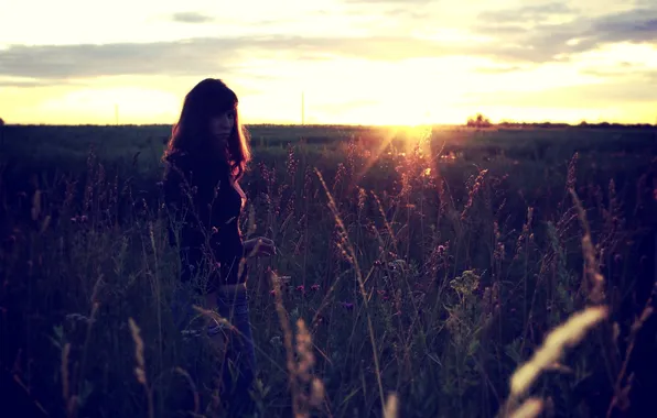 Грусть, небо, трава, взгляд, девушка, солнце, закат, природа