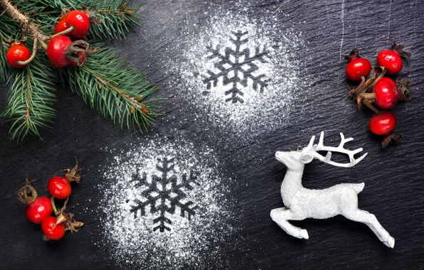 Картинка снежинки, ель, ветка, олень, ягода, Merry Christmas