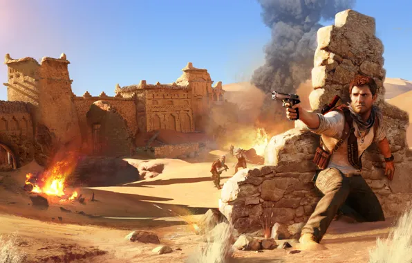Пустыня, солдаты, руины, Nathan Drake, Uncharted 3: Drake's Deception