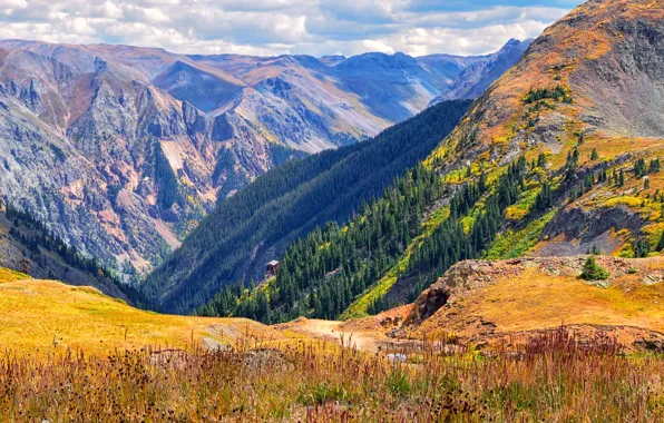 Картинка осень, небо, облака, деревья, горы