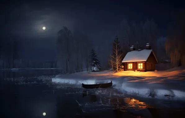 Картинка зима, лес, снег, ночь, мороз, домик, хижина, rustic