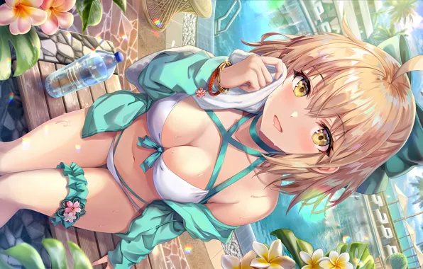 Girl, sexy, wet, pool, cleavage, legs, boobs, anime