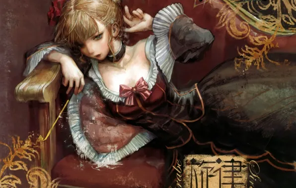 Иероглифы, декольте, подушка, ведьма, бант, на диване, art, Umineko no Naku Koro ni