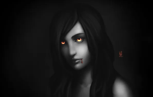 Картинка глаза, девушка, кровь, арт, вампир, монохромное