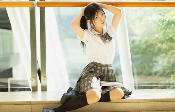Beautiful, Asian, Model, Glass, Woman, door, Cute, Pretty