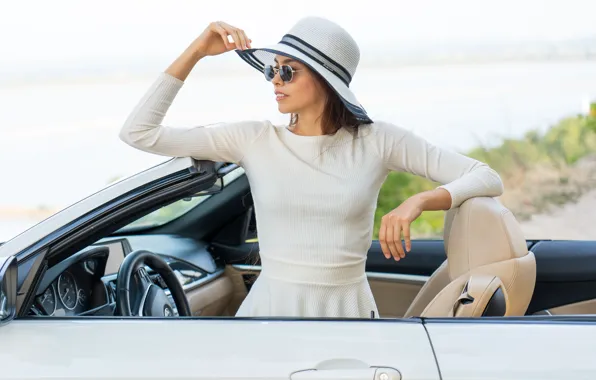 Car, white, dress, hat, model, sexy woman, gorgeous, photoshoot