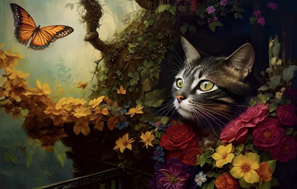 Кошка, кот, взгляд, цветы, ветки, природа, поза, бабочка