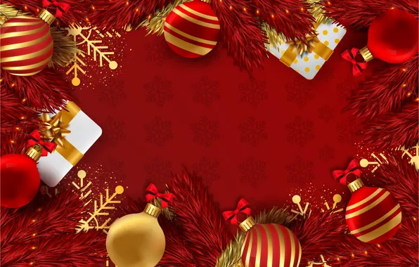 Шарики, снежинки, ветки, шары, Рождество, подарки, Новый год, красный фон