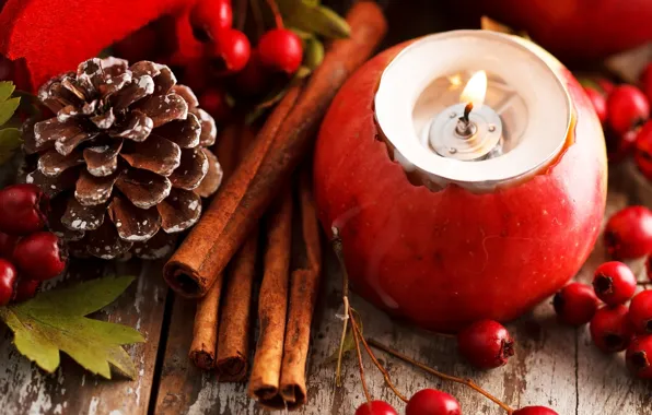 Листья, ягоды, праздник, красное, яблоко, свеча, палочки, Новый Год