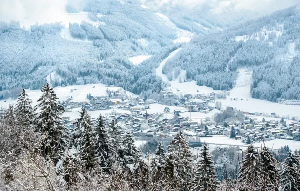 Картинка зима, снег, деревья, пейзаж, горы, елки, деревня, forest