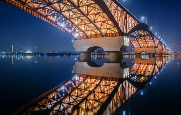 Ночь, мост, город, огни, Корея, Сеул, Seongsandaegyo