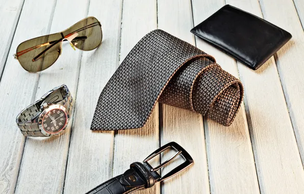 Watch, belt, sunglasses, tie, wallet