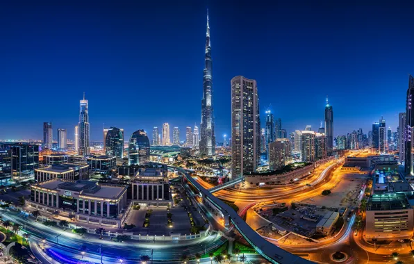 Здания, дороги, дома, Дубай, ночной город, Dubai, небоскрёбы, ОАЭ