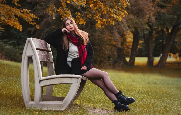 Girl, park, model, bench, sweetheart