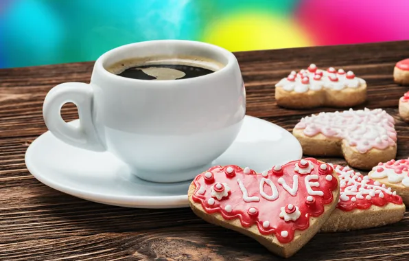 Любовь, кофе, печенье, чашка, valentine's day