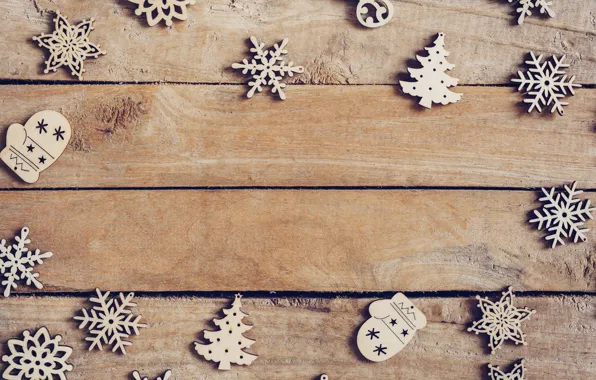 Картинка зима, снежинки, дерево, доски, Новый Год, Рождество, Christmas, wood