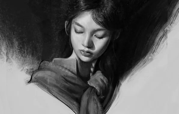 Картинка лицо, черно-белая, азиатка, платок, art, портрет девушки, Mandy Jurgens, смотрит вниз